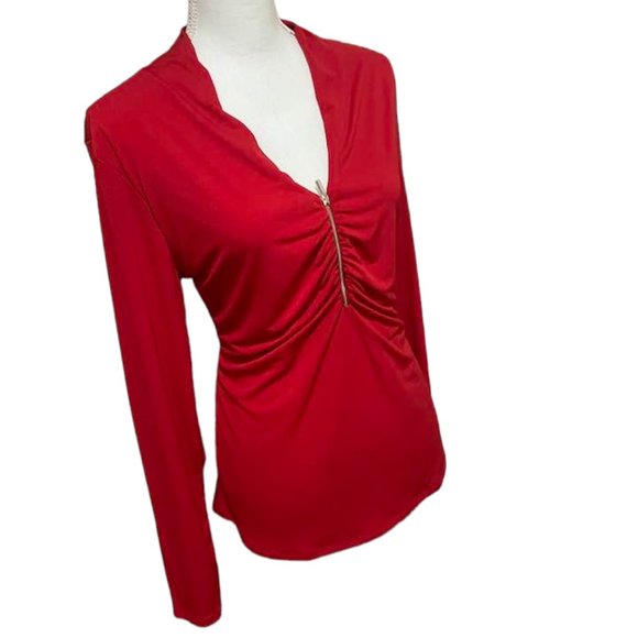 Boston Proper Rouched Front Half Zipper Christmas Valentine's Day  Red Top -  L - Picture 4 of 15